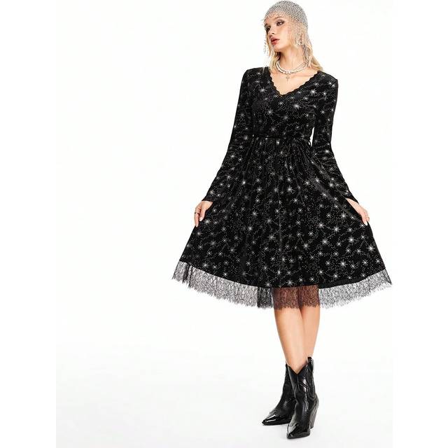 ROMWE Women Velvet & Lace Trim Floral Bohemian Mini Dress