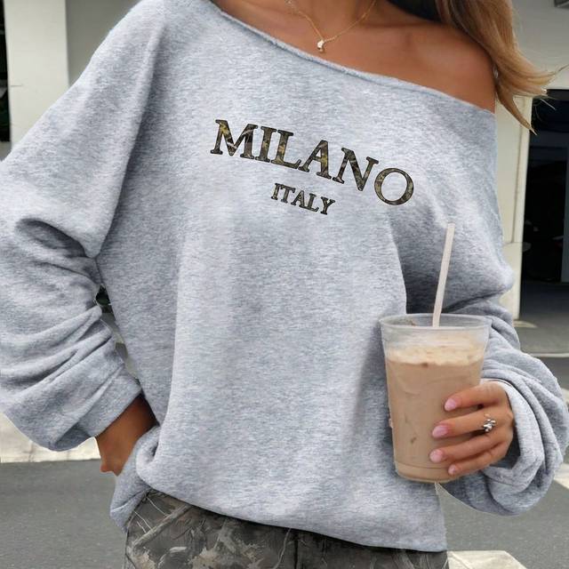 SHEIN Plus Size Women Off-Shoulder Loose Casual Minimalist Letter Print Graphic Long Sleeve Sweatshirt, For Winter