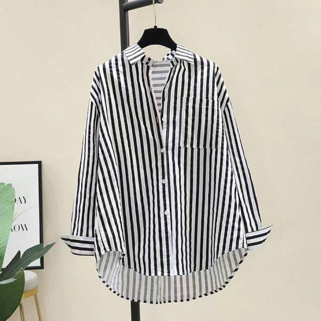 INAWLY Women&#39;s Casual Striped Print Long Sleeve Chest Pocket Shirt, Autumn &Winter