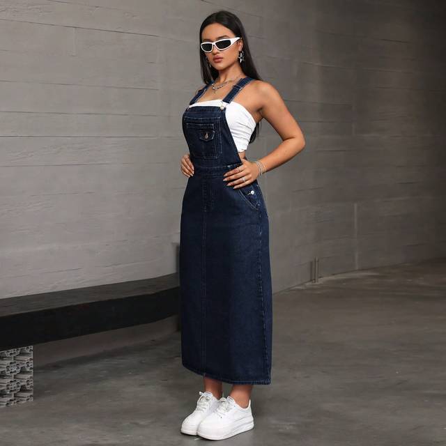 SHEIN Women Casual Denim Pinafore Dress With Slant Pockets