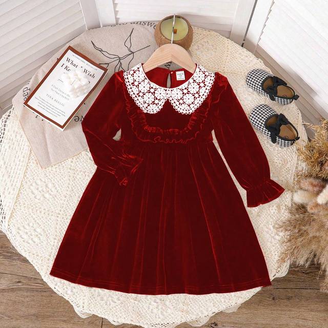 SHEIN 1pc Young Girls Casual Ruffle Collar Black Long Sleeve Velvet Dress, Suitable For Autumn/Winter