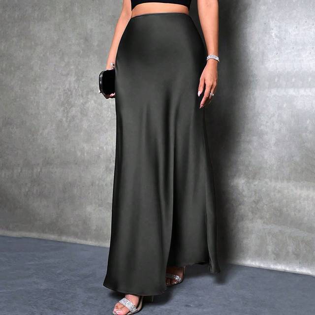 SHEIN Elegant Versatile Black Satin Skirt For Women, Girly Style Maxi Women Outfit