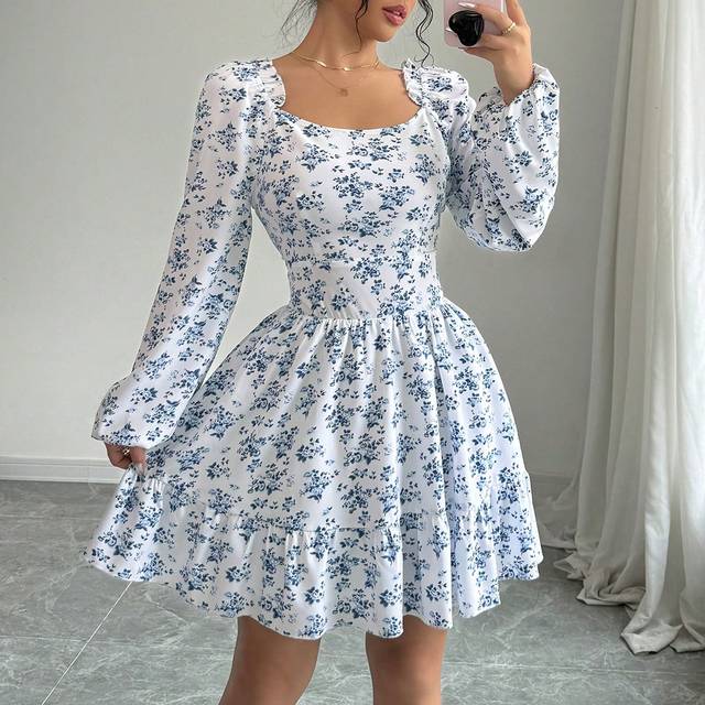 Rafferiza Women&#39;s Backless Tie Knot Ditsy Floral Square Neck Long Sleeve Casual Dress