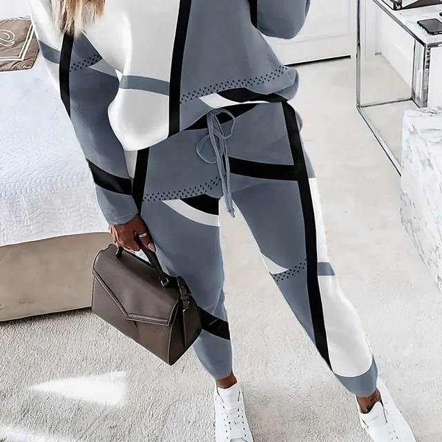 SHEIN Women&#39;s Casual Geometric Pattern Colorblock Drawstring Waist Casual Jogger Pants With Pockets For Indoor And Outdoor Wear, Winter Clothes For Women