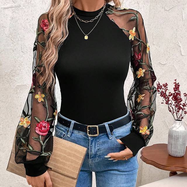 SHEIN Floral Embroidered Sheer Sleeve Blouse, Beautiful & Romantic For Women,Valentine&#39;s Day