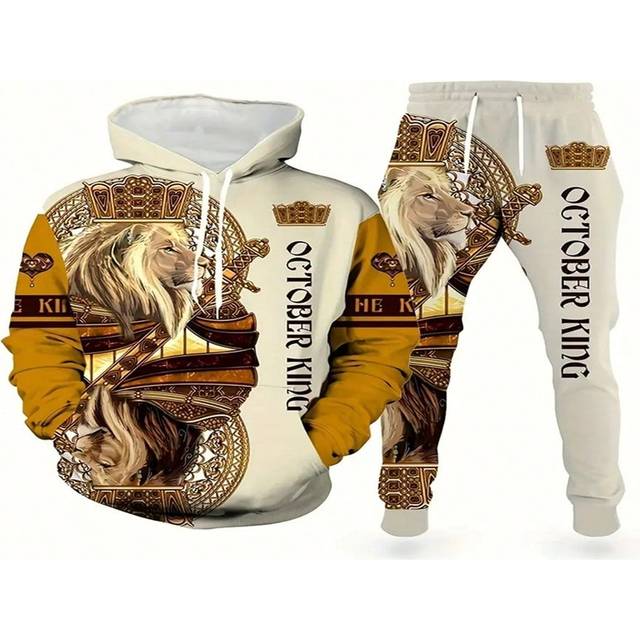 SHEIN 2 Pieces Men Lion Pattern Hooded Fashion Novelty Pajamas Set - Soft Slight Stretch Polyester Long Sleeve Sweatshirt And Jogger Pant Outfit With Machin