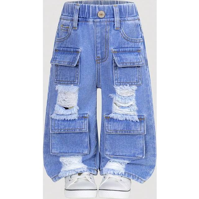 SHEIN Baby Girls Denim Casual Fashion Distressed Multi Pocket Washed Light Blue Straight Leg Jeans