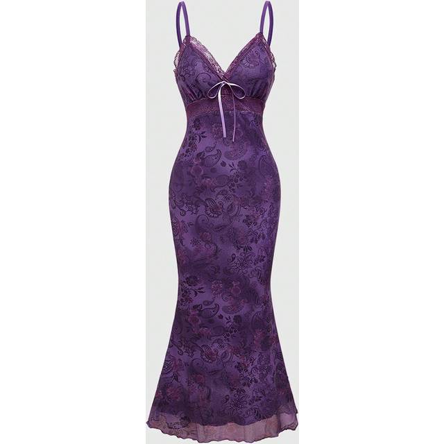 ROMWE Retro Sexy Mystery Witch Lace Splice Purple Bodycon Mermaid Dress For Ladies