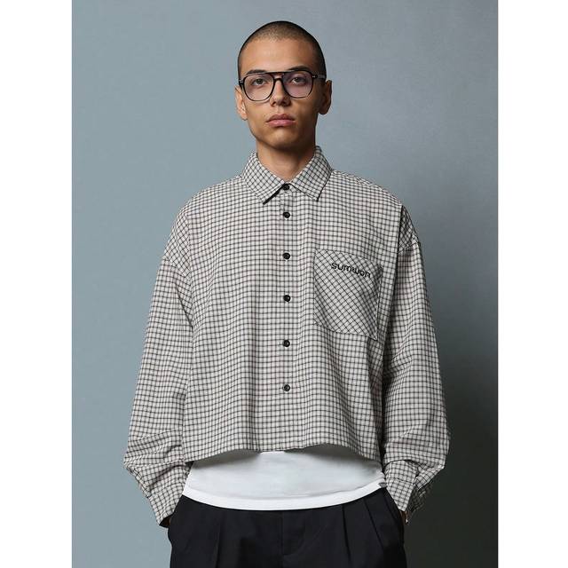 SUMWON Crop Fit Long Sleeve Checkboard Shirt With Embroidery