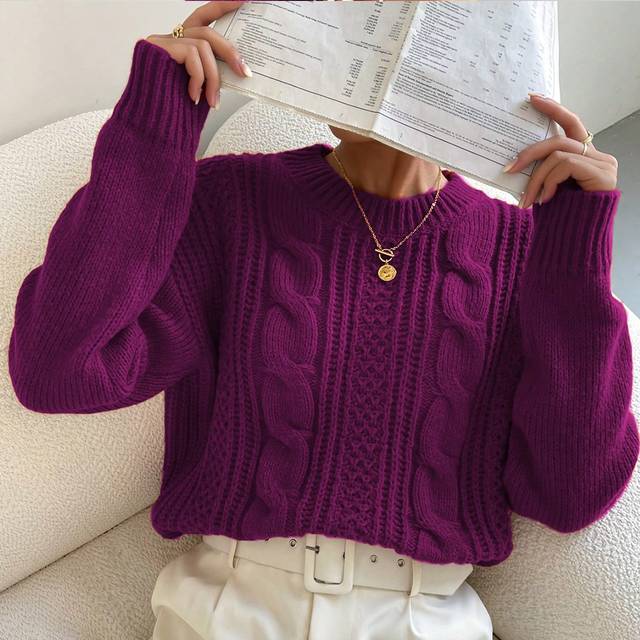 Flirla Women Plain Round Neck Long Sleeve Simple Pullover Sweater, Casual Daily Wear
