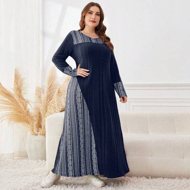 Lacomfia Plus Size Plain Splice Round Neck Long Sleeve Simple Casual Long Dress Maxi Women Outfit