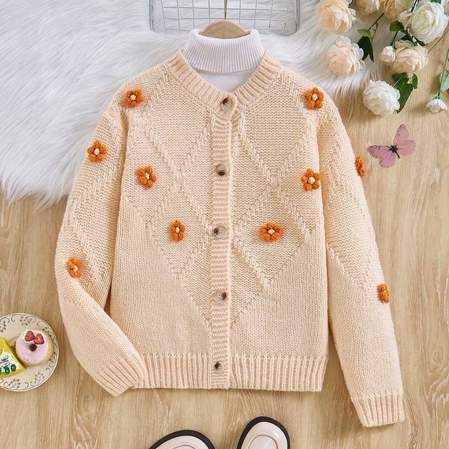 SHEIN Teen Girls Cardigans With Textured Cable Applique Contrast Color Rib Knit Design
