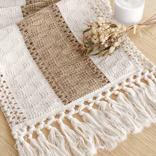 SHEIN 1pc Boho Table Runner Macrame Table Runners For Home Decor ,Cream & Brown Macrame Table Runner With Tassels For Boho Dining Bedroom Decor Rustic Brida
