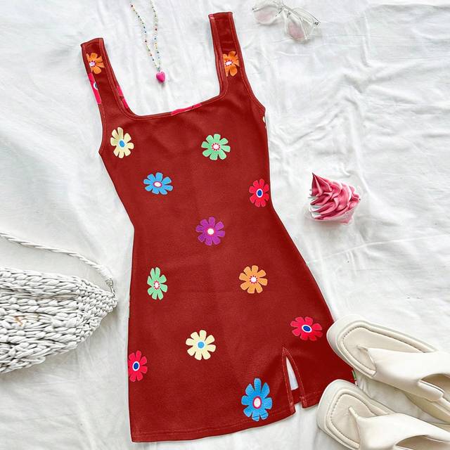Soleia Plus Size Women Floral Print Knit Cami Dress, Suitable For Vacation, Graduation, Back-To-School, Casual, Beach Outfitting, Autumn/Winter