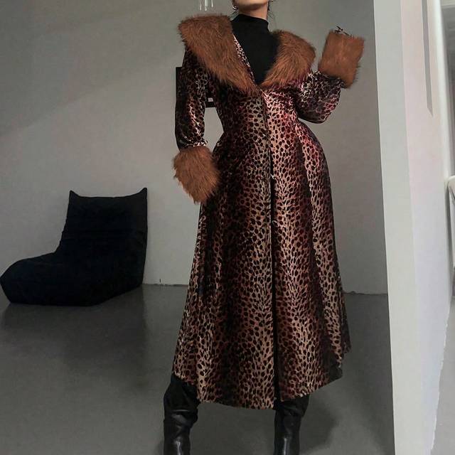 Flirla Plus Size Leopard Print Fluffy Long Coat, Minimalist Fashion Casual Everyday Wear, For Winter