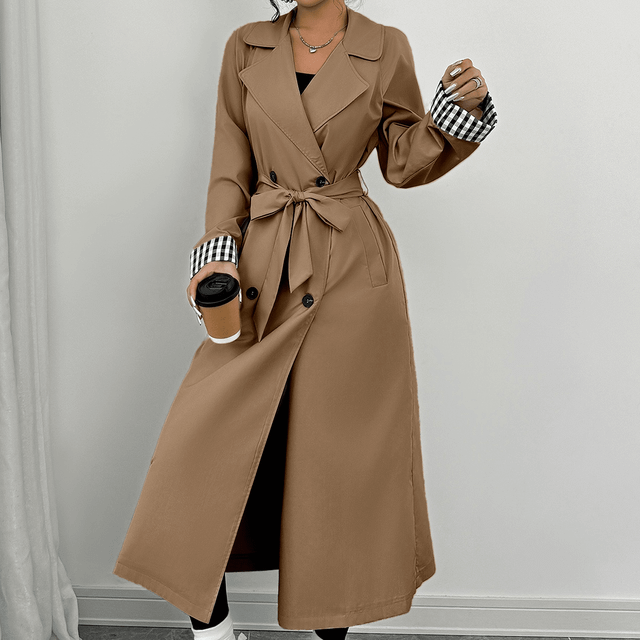 Chiquease Women Loose Turndown Collar Double Breasted Plaid Patchwork Long Sleeve Trench Coat