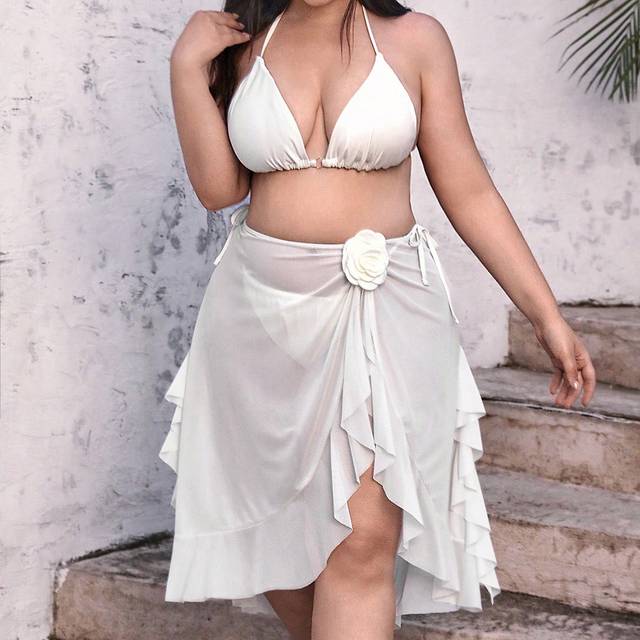 SHEIN Plus Size Plain Halter Triangle Bikini Set With Beach Skirt Summer