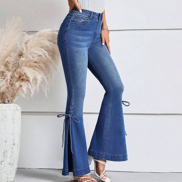 SHEIN Lace Up Side Flare Leg Jeans