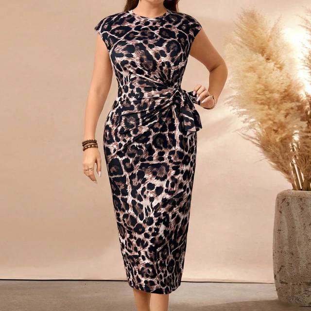 SHEIN Plus Size Women Leopard Print Crew Neck Twist Waist Fitted Elegant Dress Maxi Women Outfit