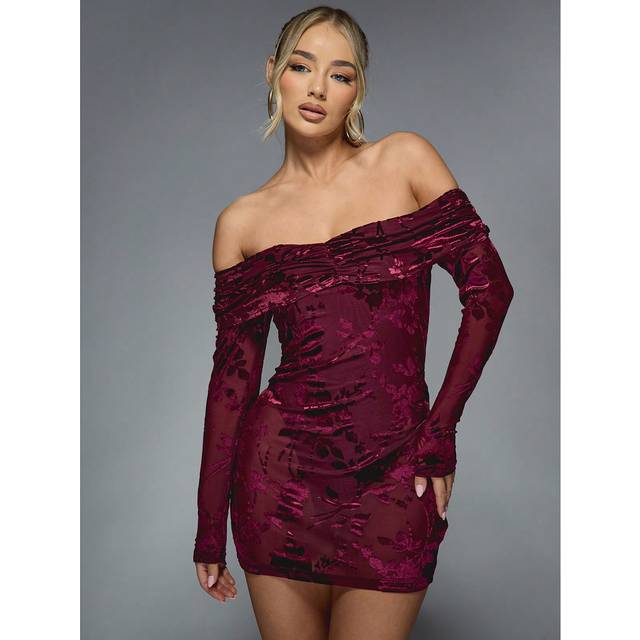 MISSGUIDED Sheer Devore Ruched Off Shoulder Long Sleeves Bodycon Mini Dress