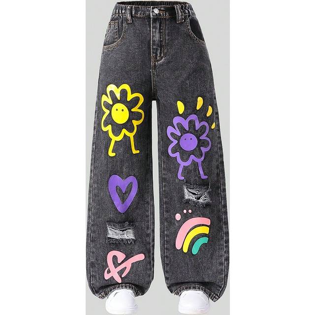 SHEIN Tween Girl Graffiti Ripped Wide Leg Jeans, Loose Cute Straight Leg Pants