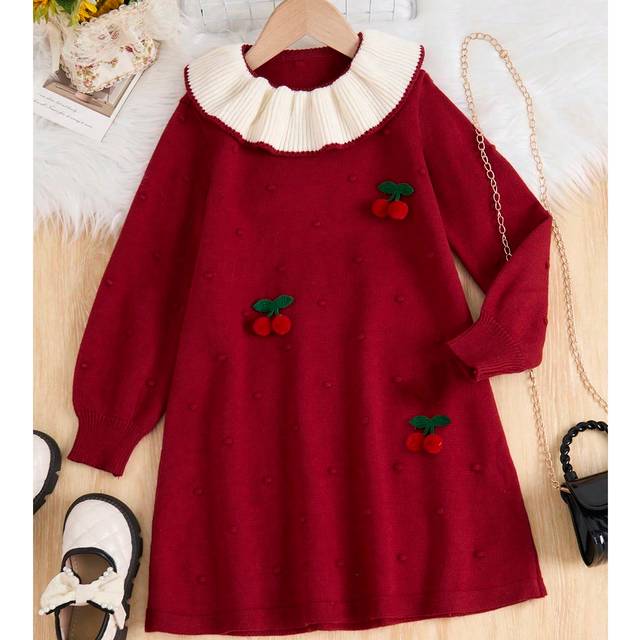 SHEIN 1pc Young Girl Spring Stylish Cherry Printed Peter Pan Collar Princess Dress, Maroon