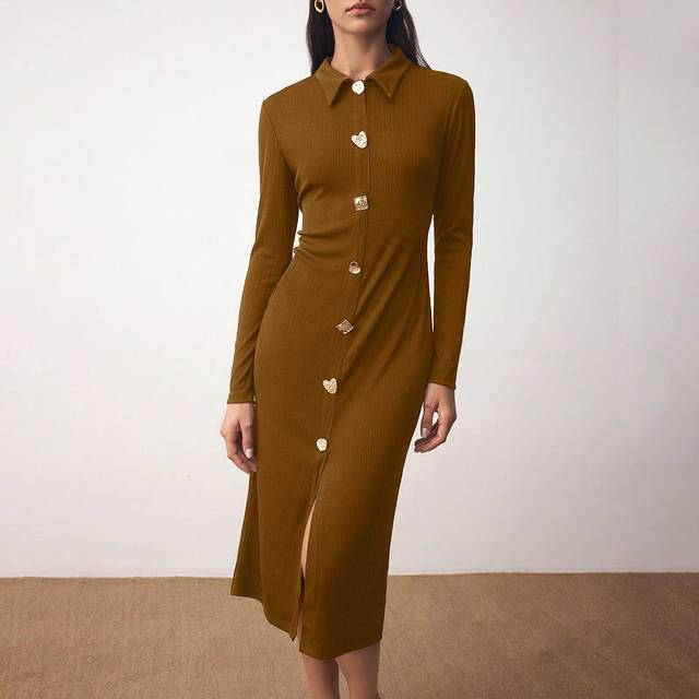 BizChic Women&#39;s Long Sleeve Fitted Elegant Work Sheath Dress With Metal Button Decor