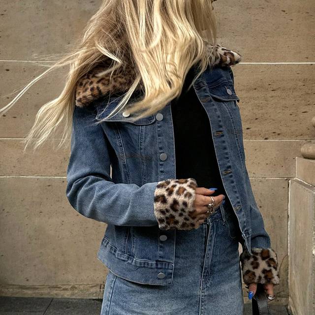 SHEIN Ladies Casual Street Hipster Leopard Print Fur Collar Patchwork Blue Denim Jacket