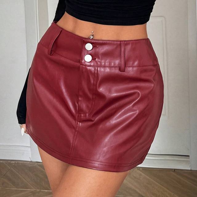 SHEIN Women&#39;s New Burgundy PU Leather Low Waist Mini Skirt