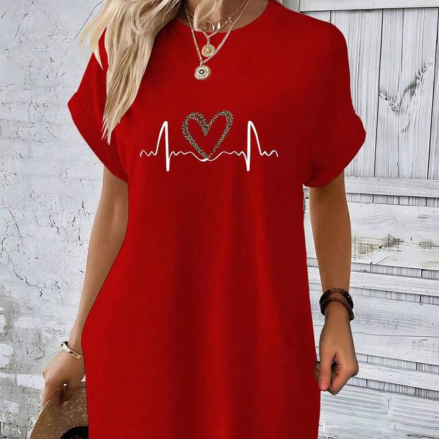 INAWLY Summer Leopard Print Heart & Dot Pattern Loose Casual Mid-Length Women&#39;s Dress