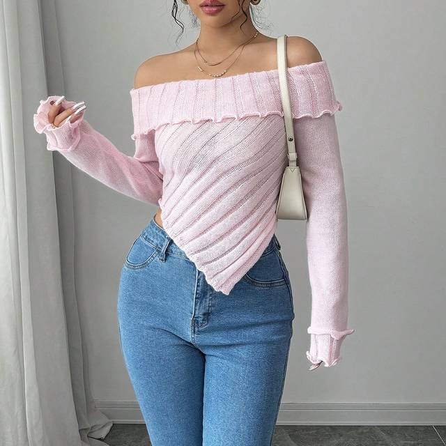 Rafferiza New Loose Off-Shoulder Sexy Sweet Frill Trim Pullover Sweater For Women In Autumn/Winter