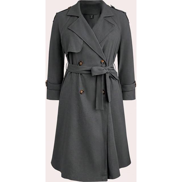 Celure Plus Size Plain Color Midi Length Double Breasted Belted Pleated Elegant Long Sleeve Back Pleat Trench Coat
