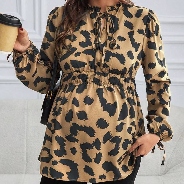 SHEIN Maternity Black Floral Pattern Ruffle Hem Drawstring Long Sleeve Maxi Shirt Dress For Pregnant Women