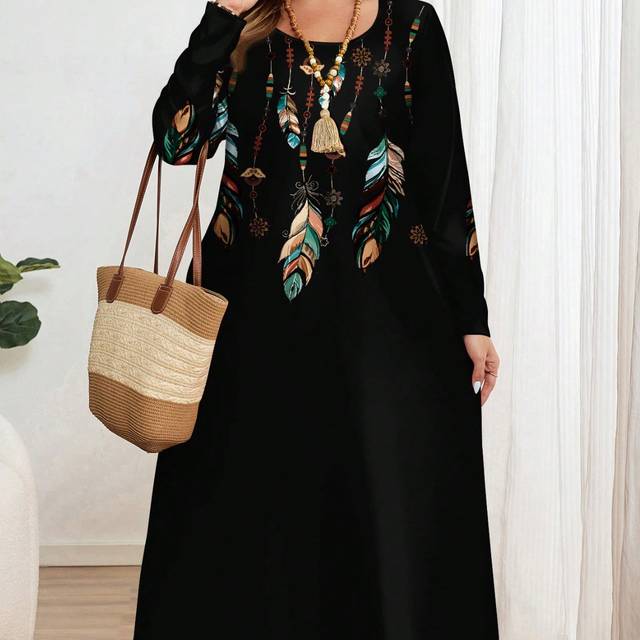 EMERY ROSE Women Plus Size Casual Vintage Feather Pattern Round Neck Long Sleeve Dress, Suitable For Autumn/Winter Boho