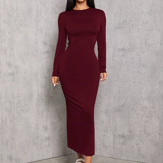 SHEIN Solid Color Pleated Waist Black Long Sleeve Dress