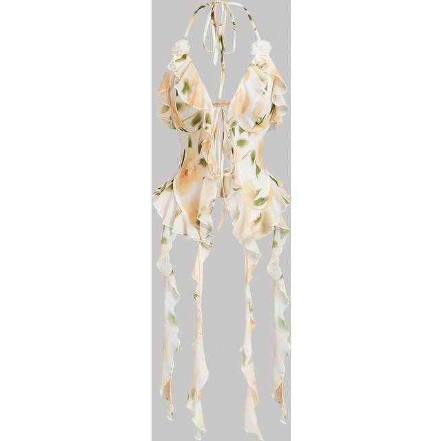 SHEIN Women&#39;s Halter Neck Tie Back Printed Chiffon Blouse, Casual &