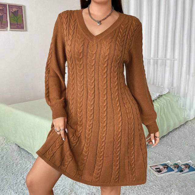Flirla Plus Cable Knit V Neck Sweater Dress, For Winter