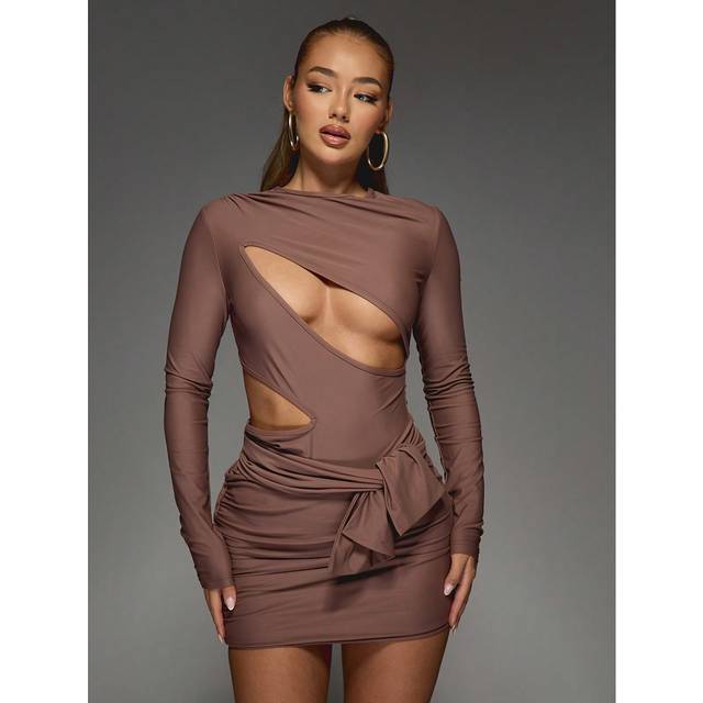 MISSGUIDED Slashed Cut Out Long Sleeves Ruched Bodycon Mini Dress