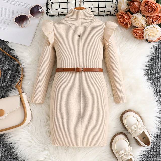 SHEIN Young Girl Soft & Comfortable BasicTurtle Neck Ruffle Trim Sweater Dress Without Belt, Casual Simple Elegant, Wedding Season, Ladylike Gentleman, Autu
