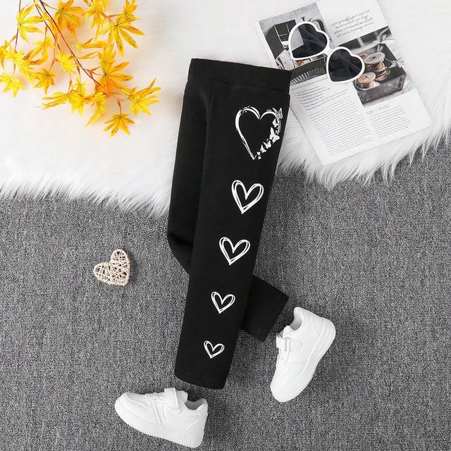 SHEIN Young Girl Fashion Urban Heart Knitted Elastic Leggings ,Thermal Lined , High Waist,Great For Casual & Daily Wear & School Daily In Autumn Winter ,Mom