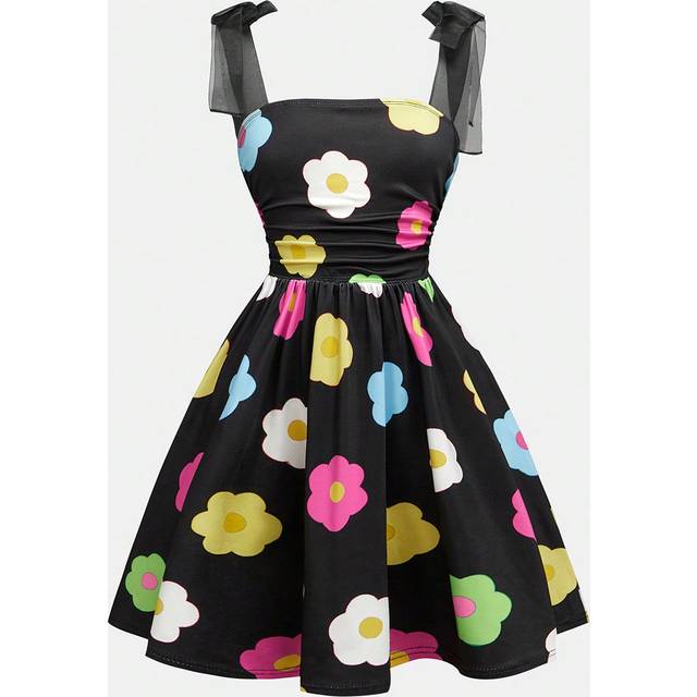 SHEIN Tween Girls  Summer Elegant Floral Print Ribbon Bowknot Waist Frill Hem Ruffle Trim Cami Dress,Summer Dress