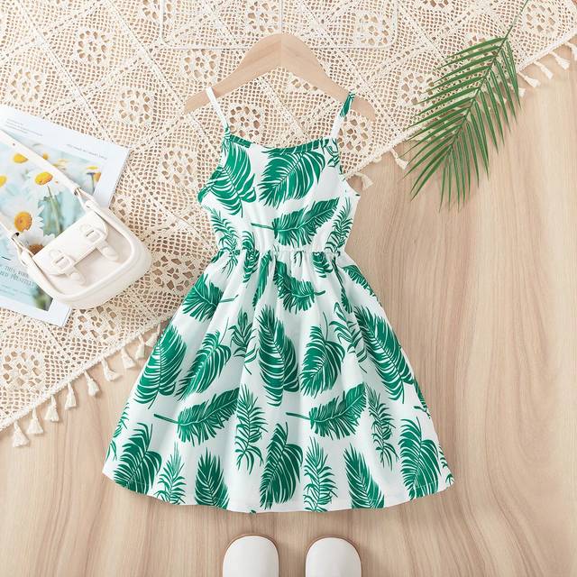 SHEIN Young Girl Elegant Leaf Print Spaghetti Strap Dress, Summer Vacation