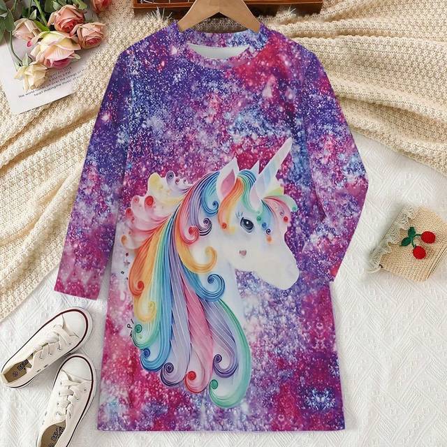 SHEIN 1pc Girls Young Girl Cute Casual Colorful Unicorn & Heart Digital Print Long Sleeve Dress For Everyday Wear