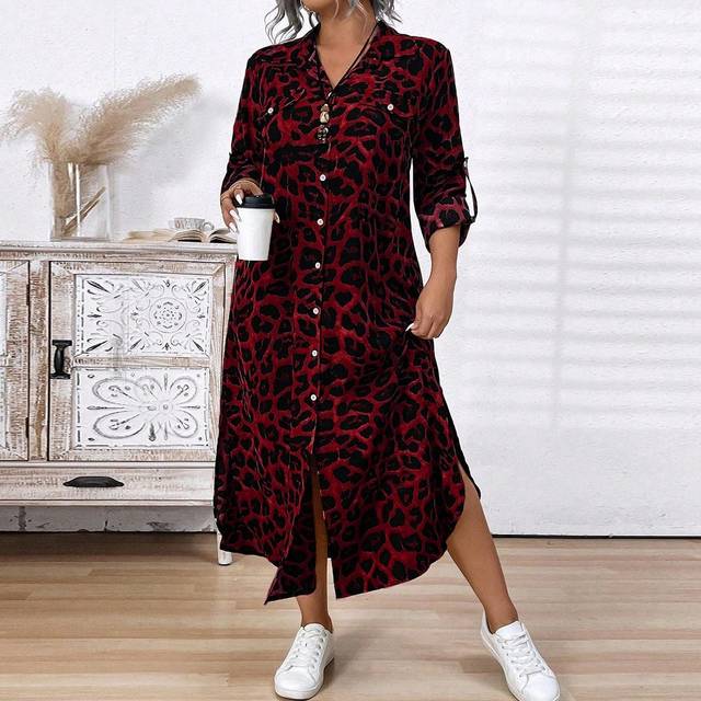 SHEIN Plus Size Button Front Leopard Print Casual Long Shirt Dress, Long Sleeve For New Year Clothes Maxi Women Outfit