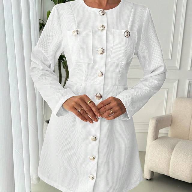 SHEIN Simple Solid Color Long Sleeve Single Breasted Elegant Work Dress For Women, Autumn/Winter