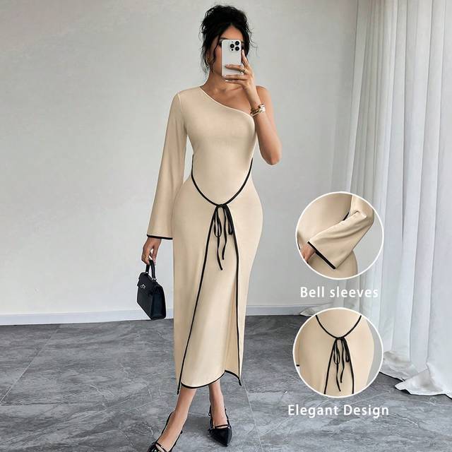 Rafferiza Autumn And Winter Women&#39;s Long-Sleeved Flare Sleeve Wrap Tie Bow Dress Long Sleeve Winter Dress