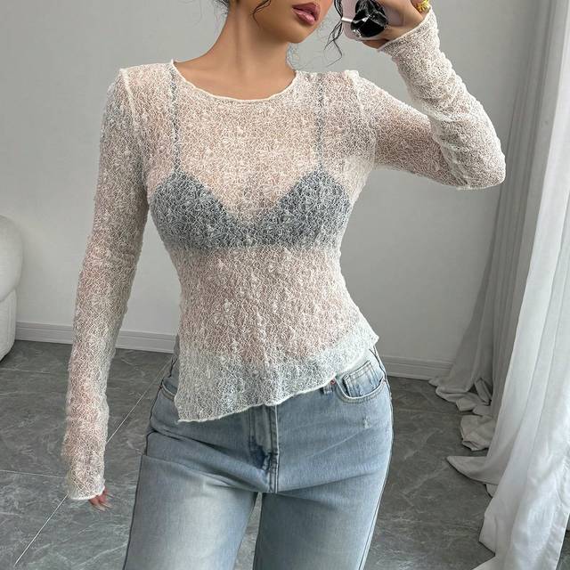 Elenzga Women&#39;s See-Through Lace Pattern Blouse