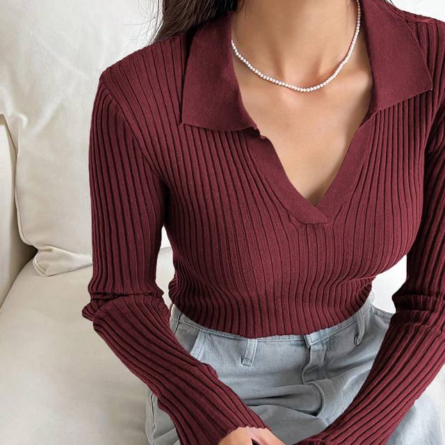 DAZY Solid Color Ribbed Crew Neck Long Sleeve Sweater, Business Casual Style