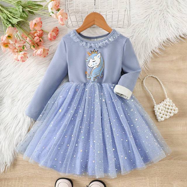 SHEIN Young Girl Knit Crew Neck Ruffle Trim Unicorn Patchwork Mesh Cute Dress