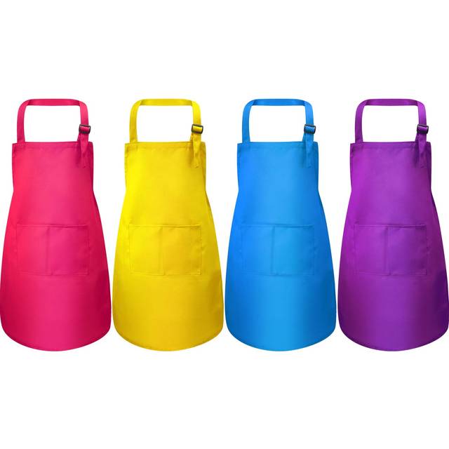 Yaomiao 4 Pieces Kids Apron with Pocket Children Adjustable Chef Apron for Cooking Baking Painting (Rose red  Yellow  Blue  Purple M for 7-13 Age)
